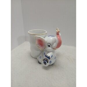 Porcelain Trunk Up Elephant Bamboo Planter Small White‎ Blue Gold Accent